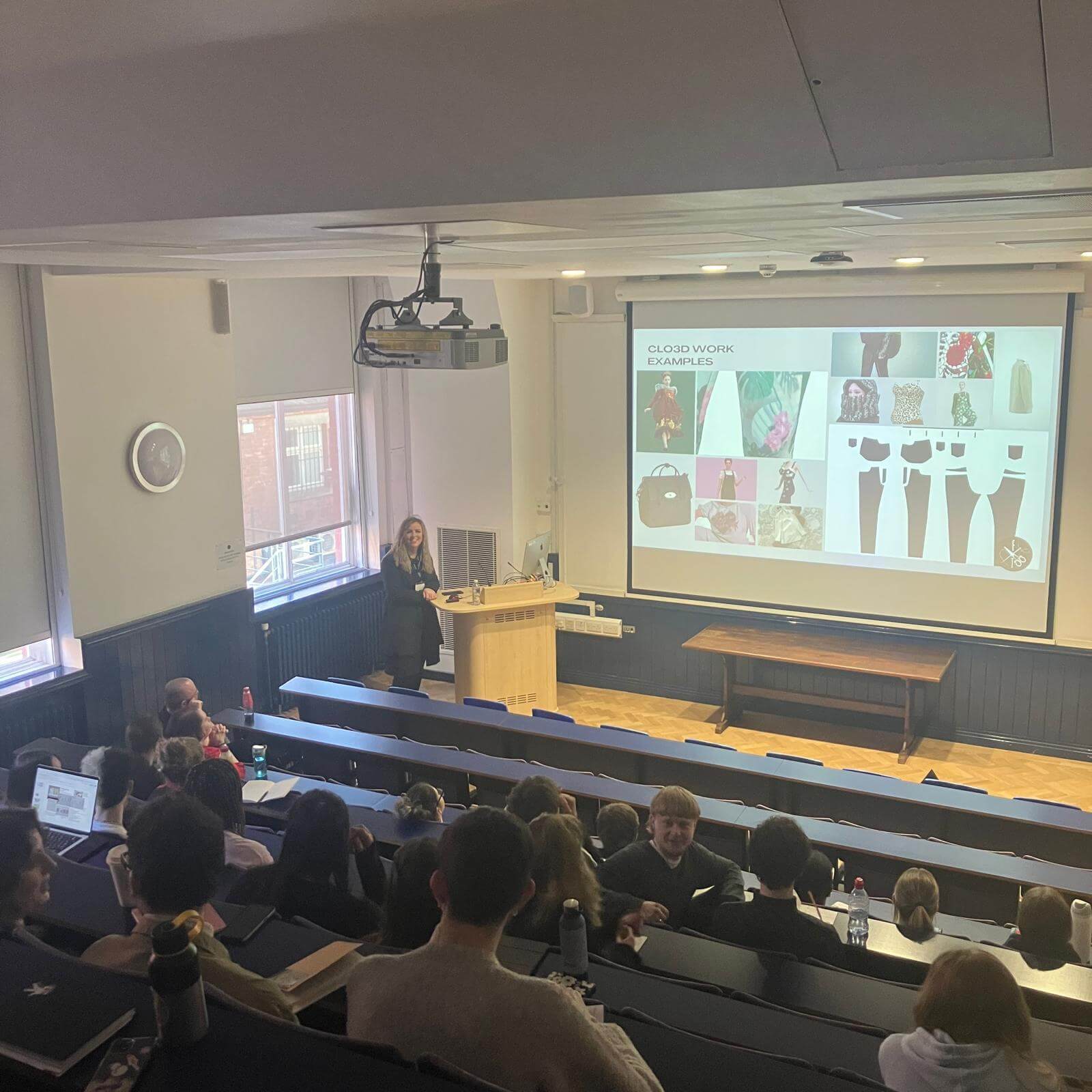 Delivering a guest lecture on CLO3D to Fashion Pathway students at Leeds Arts University, showcasing examples of digital garment creation and 3D workflows