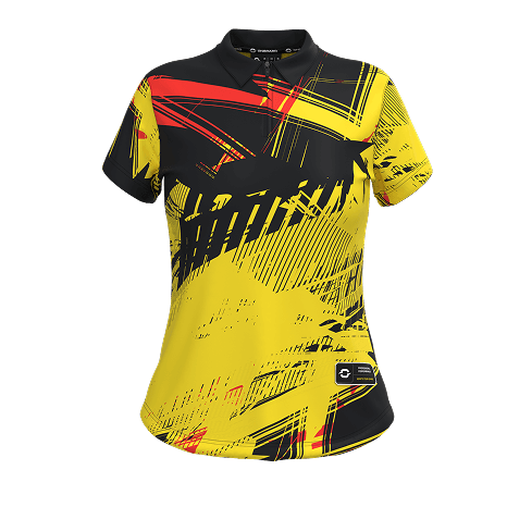 CLO3D render of a yellow women's shirt for Onboard Sportswear featuring custom zipper, geometric print placement, and technical trims.