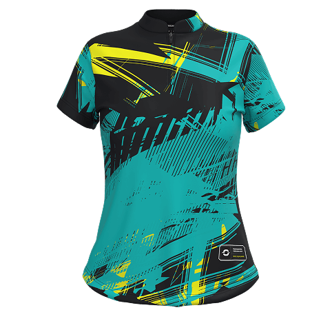 CLO3D render of a turquoise women's performance shirt for Onboard Sportswear with geometric print, zip neck, and bespoke trims.