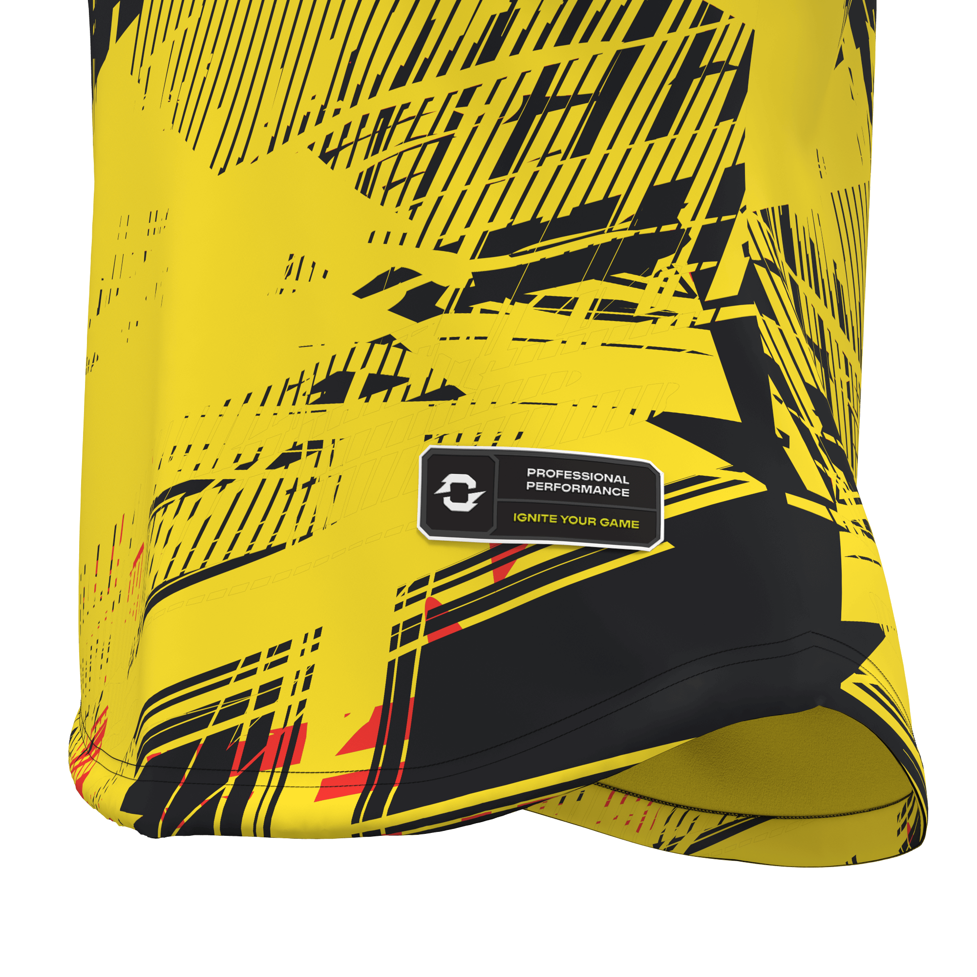 Close-up render from CLO3D showing a yellow women's Dart T-shirt designed for Onboard Sportswear with a geometric black and red print, featuring detailed 3D silicone badge and curved hemline.
