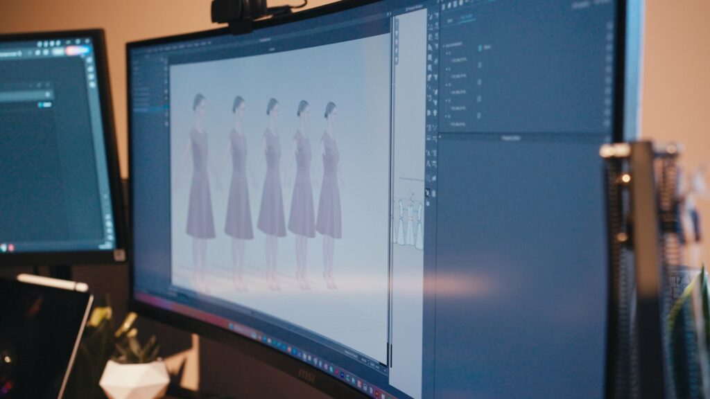 CLO3D scene showing multiple size avatars dressed in correctly graded garments, used for digital product photography across sizes