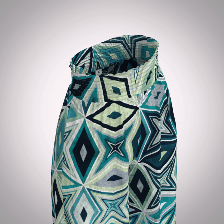 CLO3D recreation of Lucy & Yak’s signature crinkle cotton palazzo pant with bold geometric print in green and turquoise tones