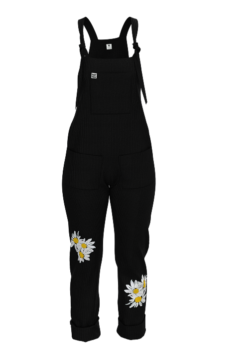 Detailed 3D visual of Lucy & Yak black corduroy dungarees created in CLO3D, featuring embroidered daisy florals positioned on both legs.
