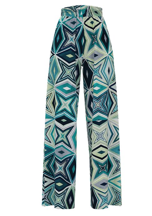CLO3D recreation of Lucy & Yak’s signature crinkle cotton palazzo pant with bold geometric print in green and turquoise tones