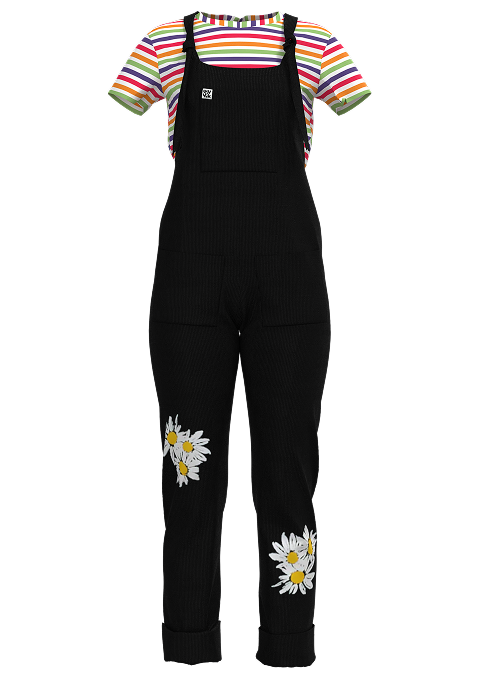 CLO3D render of classic Lucy & Yak black corduroy dungarees with custom daisy embroidery on both legs, styled over a stripe T-shirt.