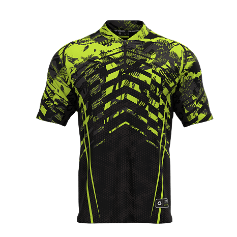 Unisex bright green performance shirt for Onboard Sportswear visualised in CLO3D with geometric print, bespoke zipper, and full trim details.