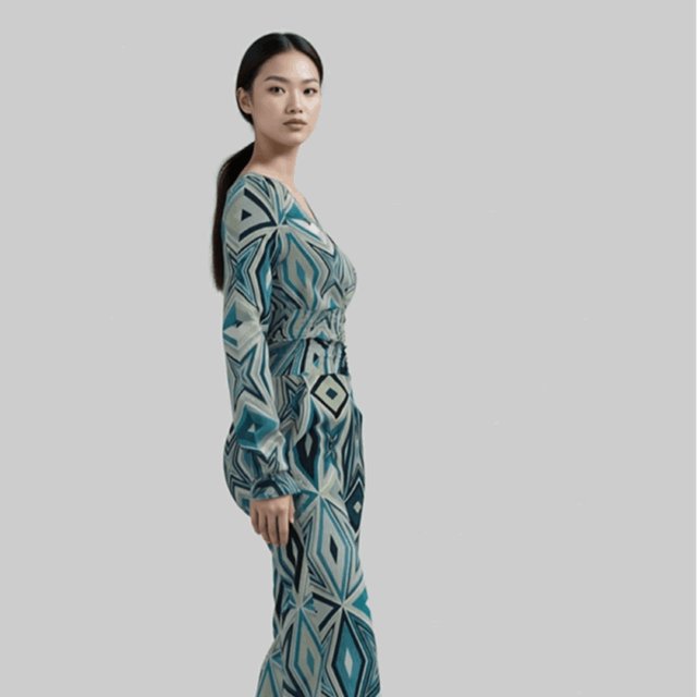 AI-enhanced fashion render created using Style3D and Raspberry AI, showcasing a realistic 3D garment with geometric print and natural lighting