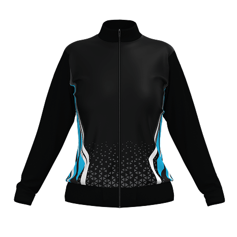 CLO3D render of a women's midlayer zip-through top for Onboard Sportswear, showcasing geometric print placement, trims, and custom zipper design.