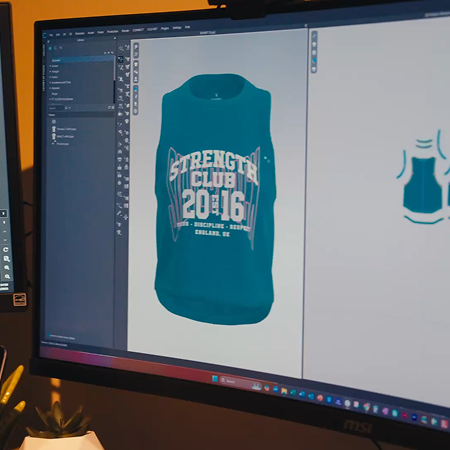 CLO3D interface displaying a sleeveless top with slogan graphic, showcasing digital garment visualisation for product development