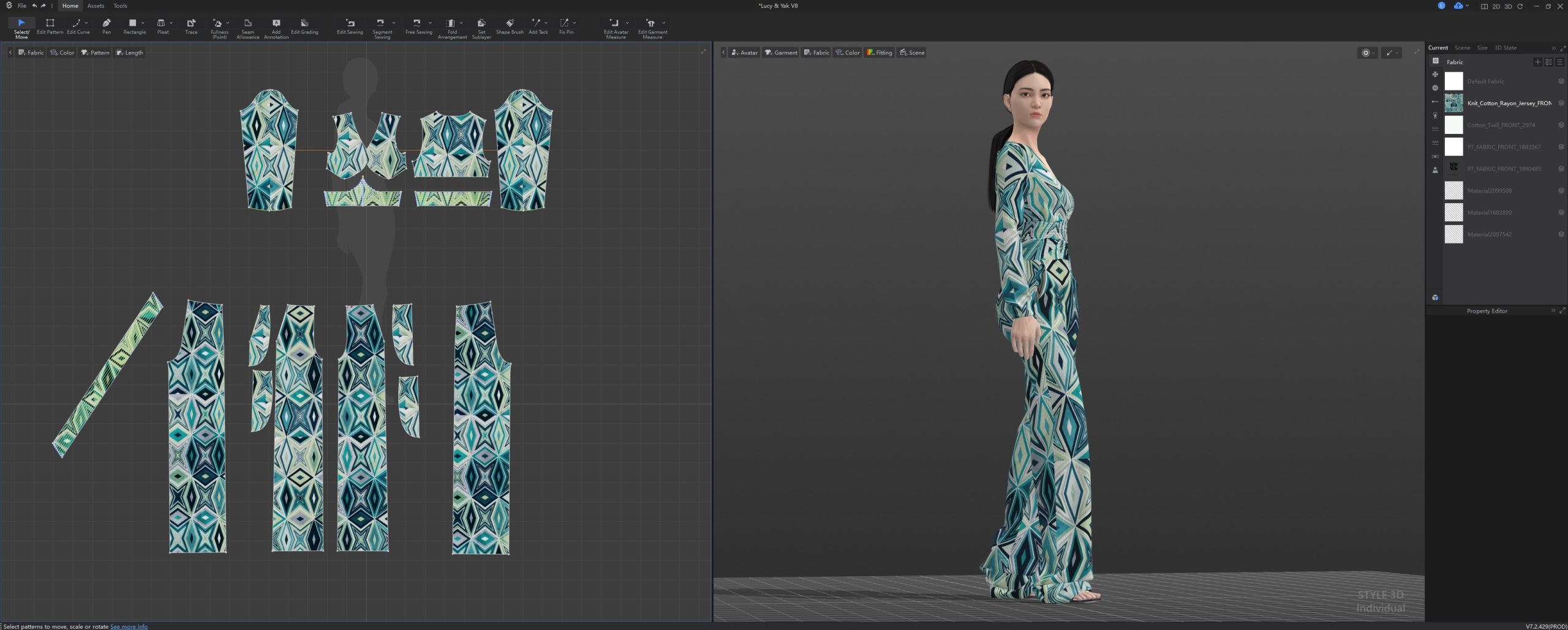 Screenshot from Style3D showing the recreation of a Lucy & Yak outfit with placed geometric print on the left and fully dressed Avatar on the right.