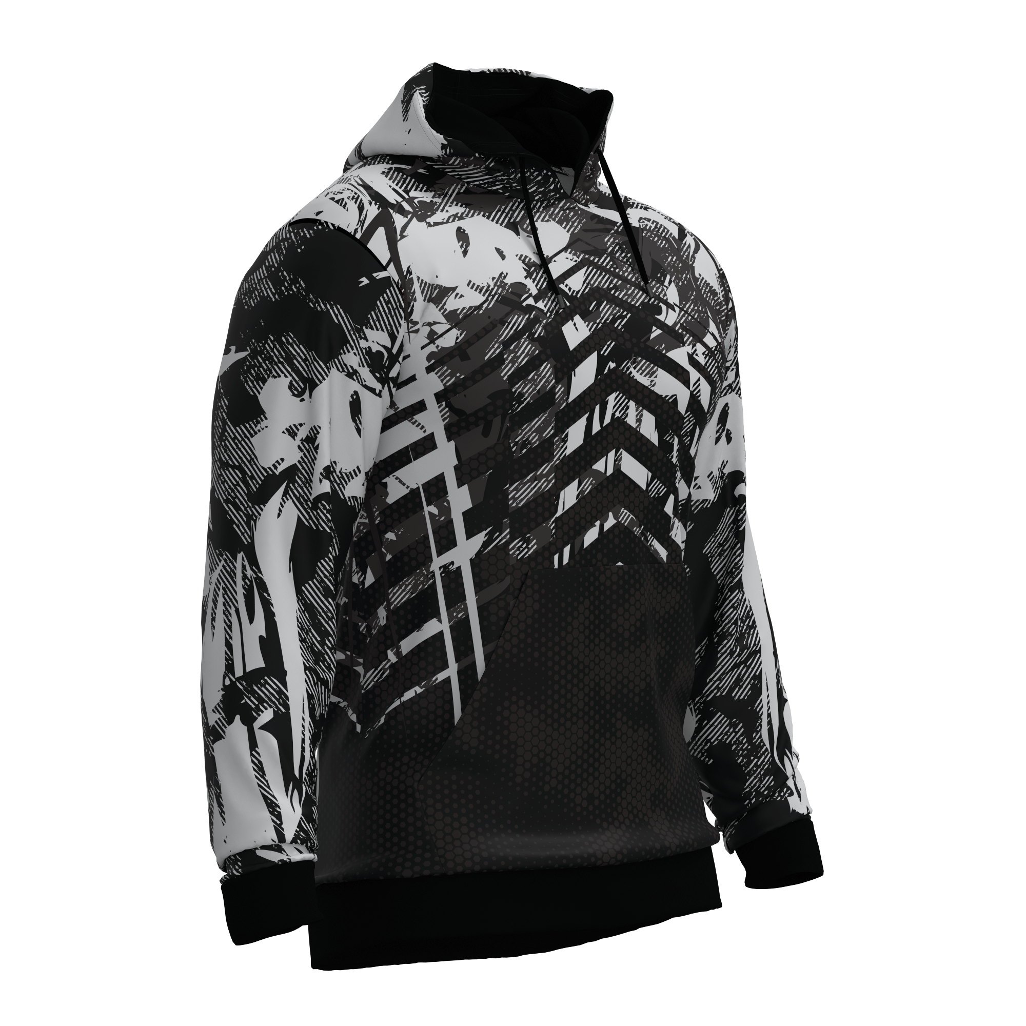 CLO3D render of a black and white hoodie for Onboard Sportswear, showcasing graphic print placement on sleeves and body