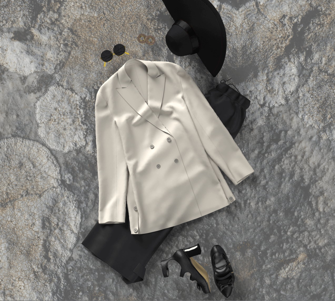 CLO3D flat lay render of styled outfit including jacket, hat, trousers, shoes and eyewear, created for e-commerce presentation
