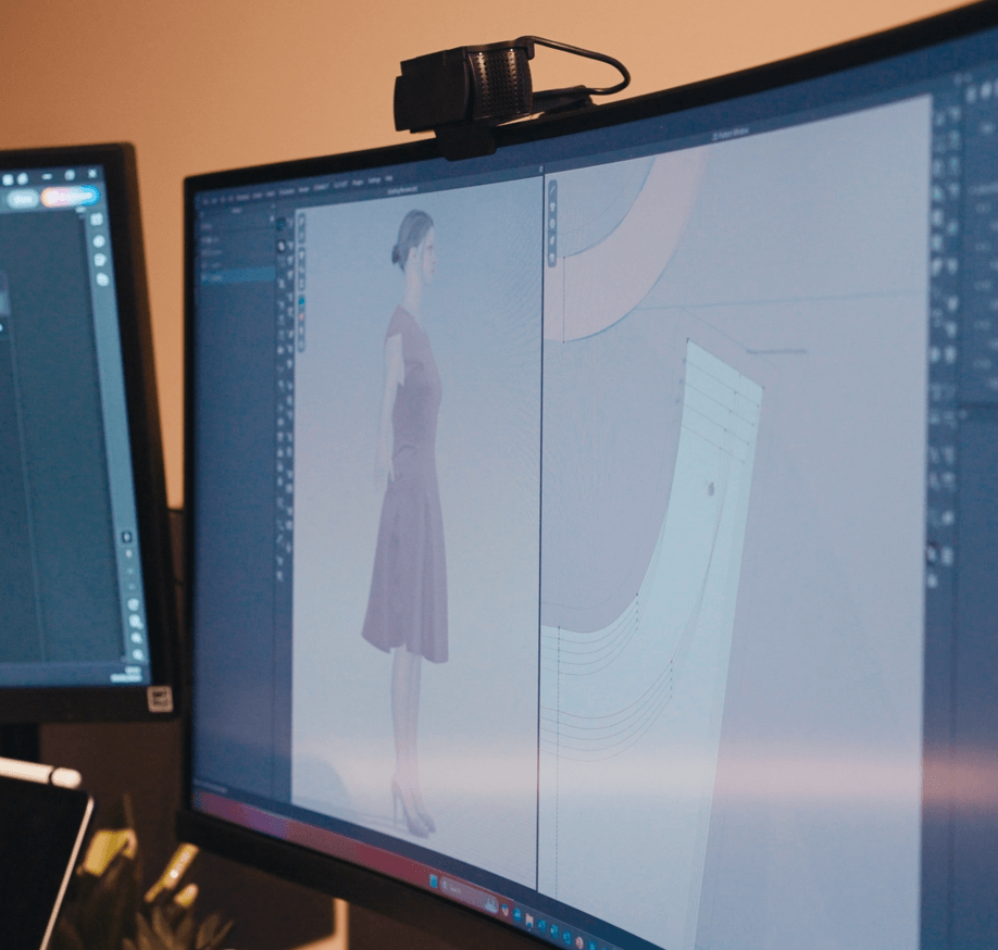 CLO3D screen showing pattern work on a digital dress, demonstrating 3D garment construction and editing