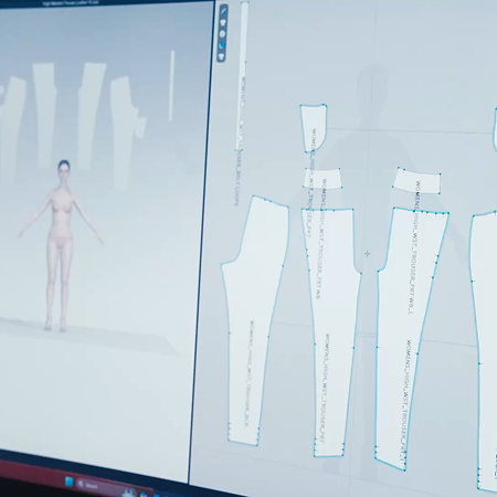 3D garment in progress within CLO3D software, featuring an avatar and on-screen pattern work during development