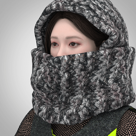 Close-up CLO3D render of a female avatar wearing a chunky knitted snood with hood, mesh long sleeve top, and grey wool dress from the Armatura collection