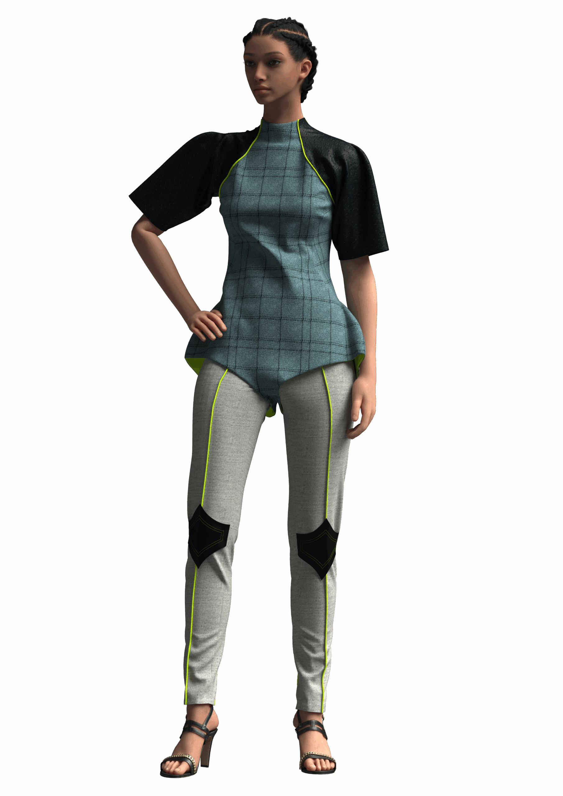 CLO3D render of a body armour-inspired outfit featuring a wool check leotard with sculpted leather sleeves and stretch trousers with neon piping and quilted leather knee pads