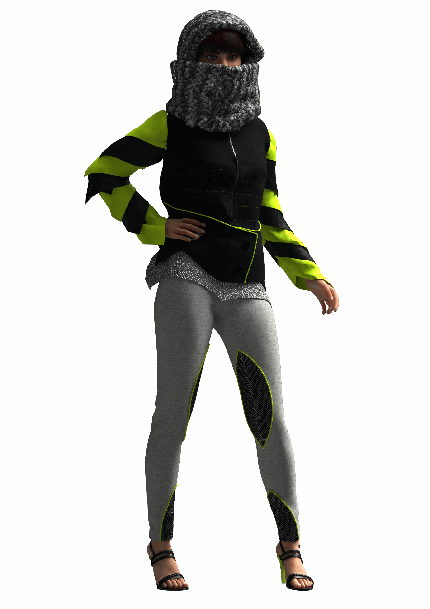 CLO3D render of a black wool jacket with quilted centre panel and sculpted alternating neon and black leather sleeves, paired with fitted leggings with mesh overlays and neon piping