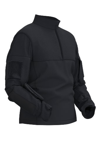 Digital render of a navy blue combat shirt created in CLO3D for Safeguard Armour, showcasing clean construction and utility fit