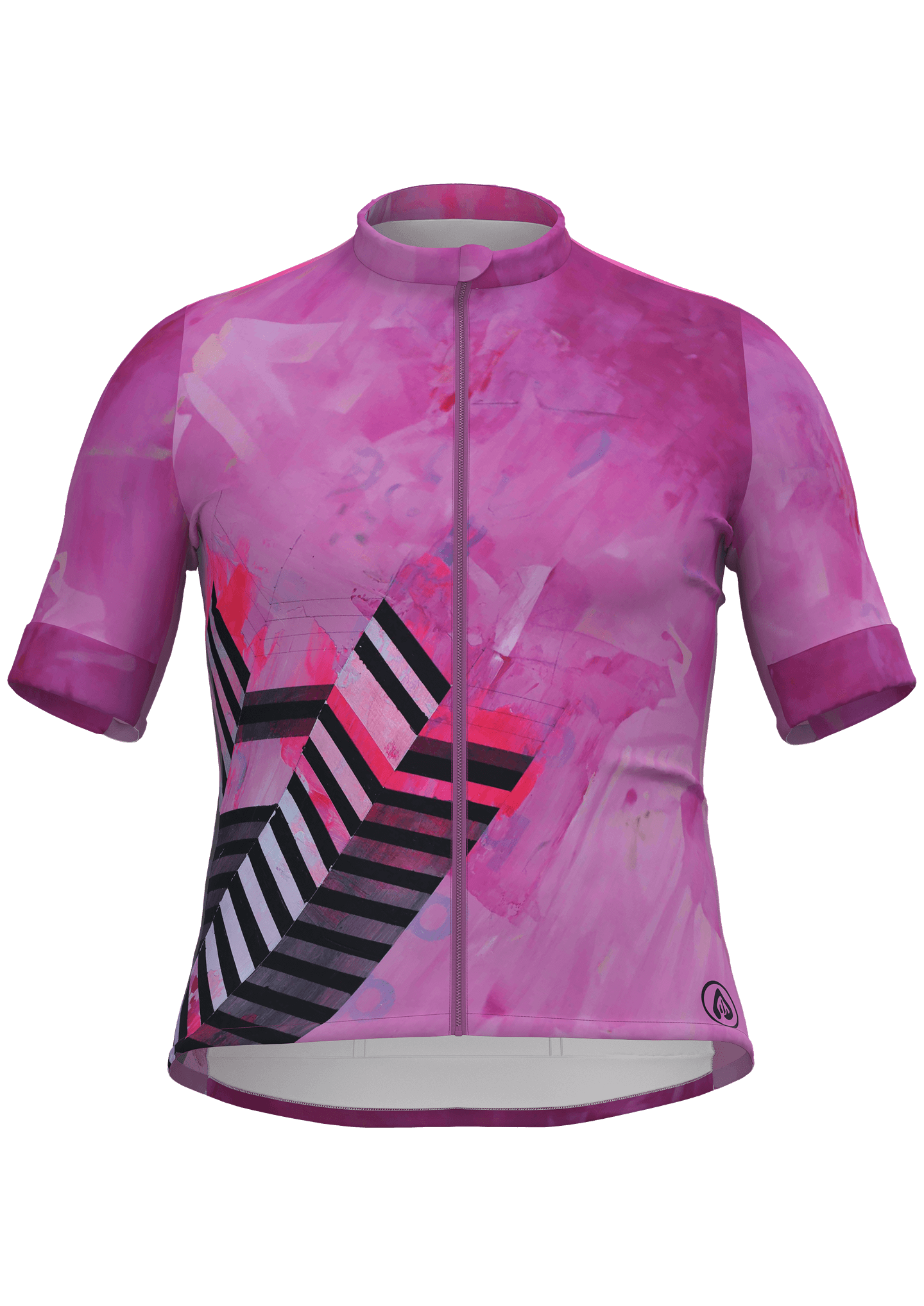 Front View CLO3D render of a cycling jersey designed for Purlieu and De Ronde, featuring bright pink watercolour artwork and a flowing geometric print