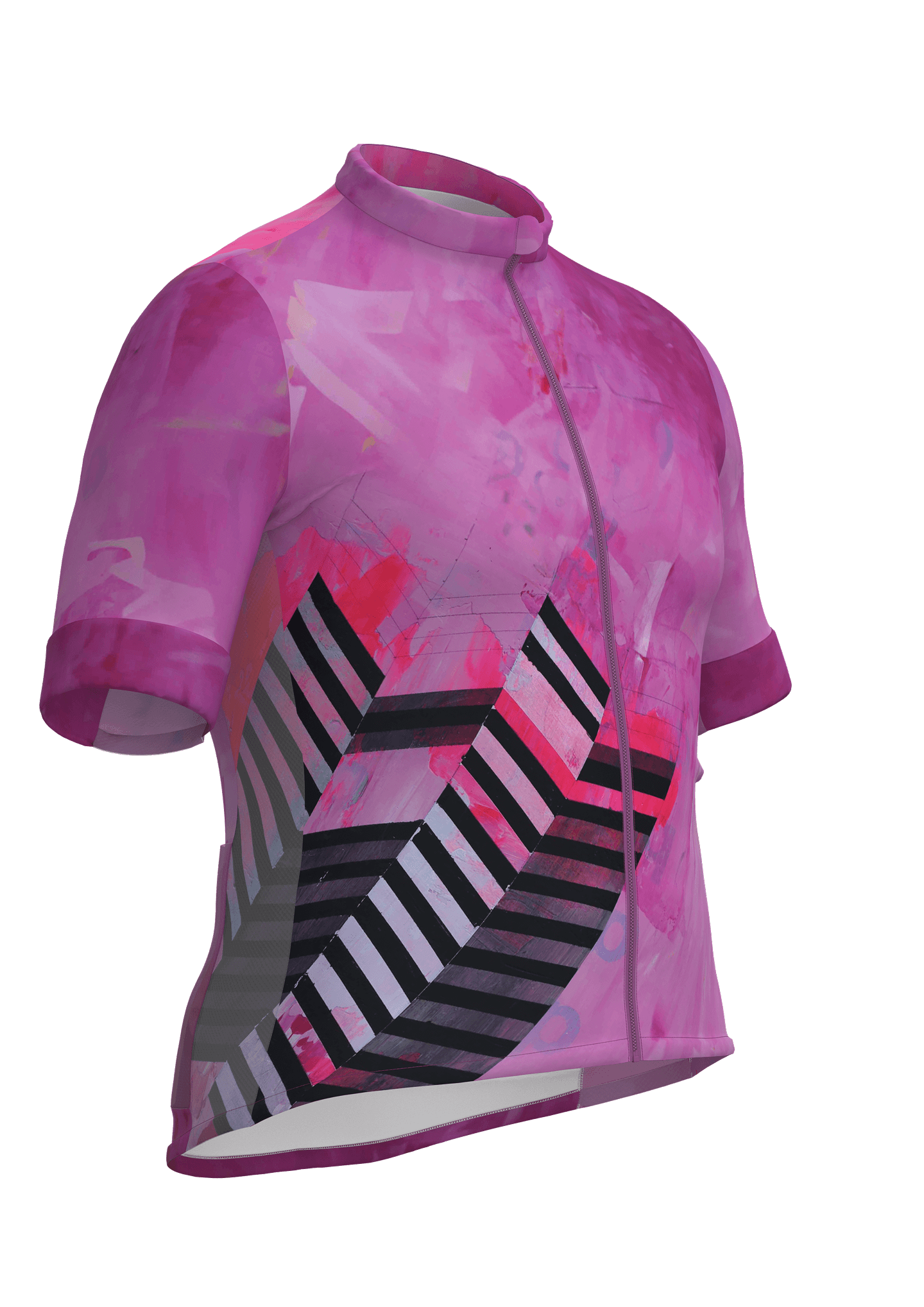 3/4 CLO3D render of a cycling jersey designed for Purlieu and De Ronde, featuring bright pink watercolour artwork and a flowing geometric print