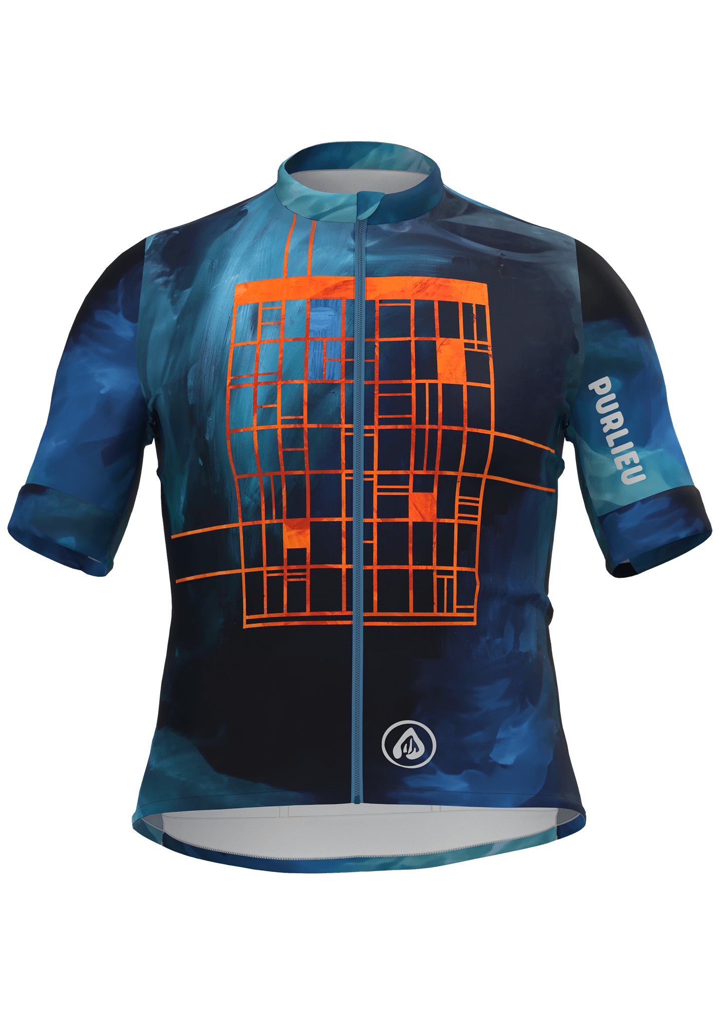Front view CLO3D render of a cycling jersey designed for Purlieu and De Ronde with vibrant watercolour and geometric artwork placement