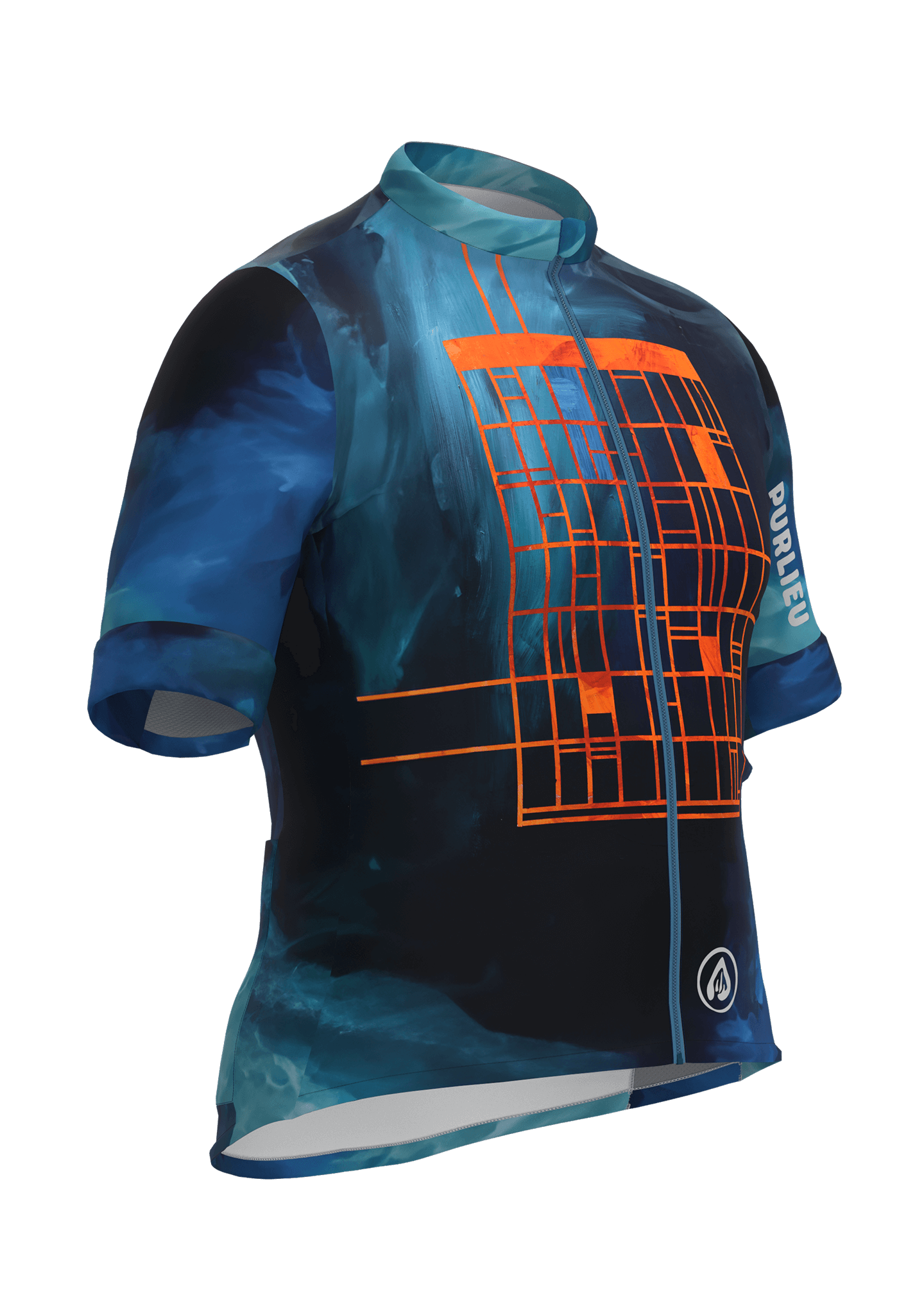 3/4 view CLO3D render of a cycling jersey designed for Purlieu and De Ronde with vibrant watercolour and geometric artwork placement