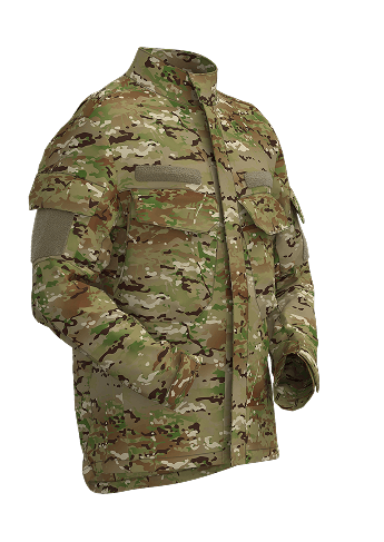 3/4 view of a camo combat jacket rendered in CLO3D for Safeguard Armour, supporting fit testing and visual development