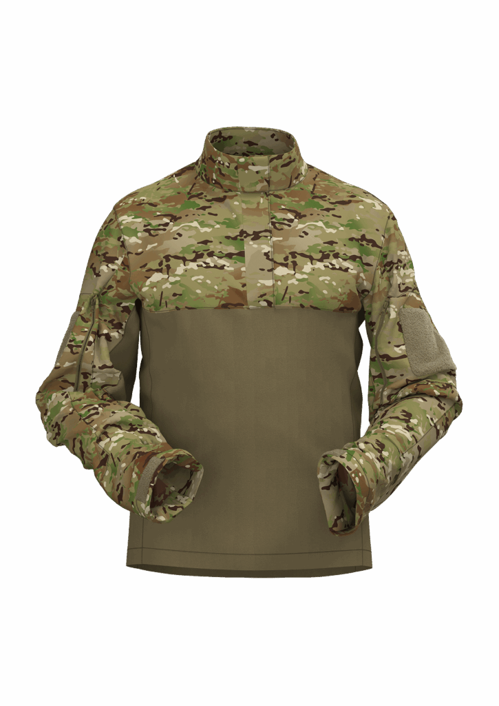 CLO3D render of a camo-pattern combat shirt created for Safeguard Armour, developed for use in 3D product approvals