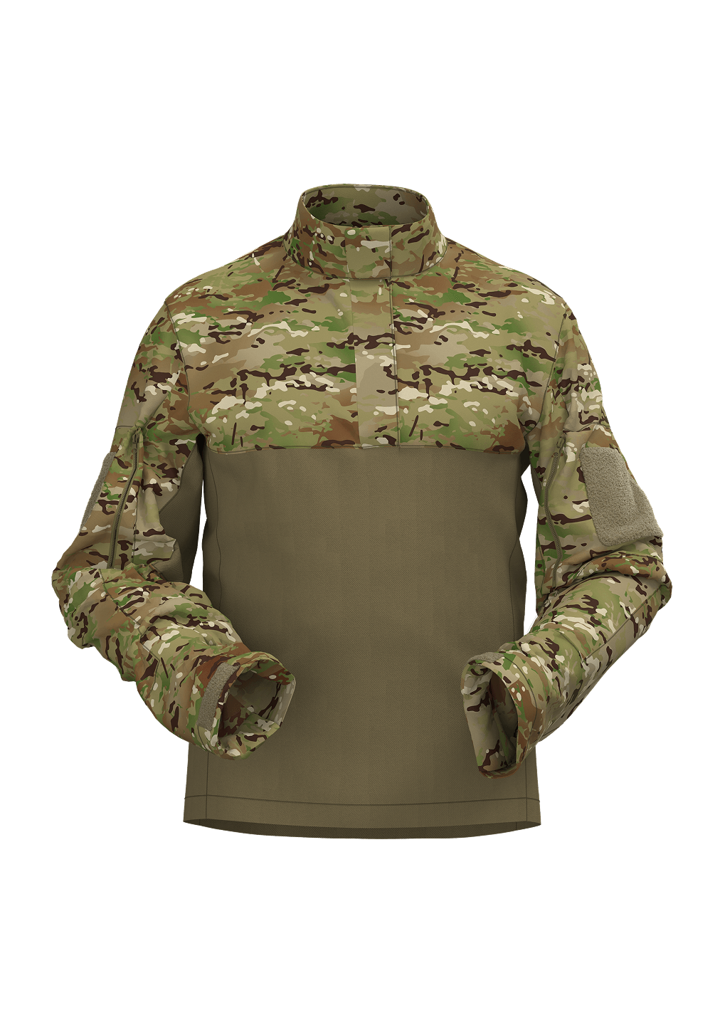 CLO3D render of a camo-pattern combat shirt created for Safeguard Armour, developed for use in 3D product approvals