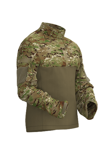 3/4 CLO3D view of a camo combat shirt designed for Safeguard Armour, showing realistic print application and fit