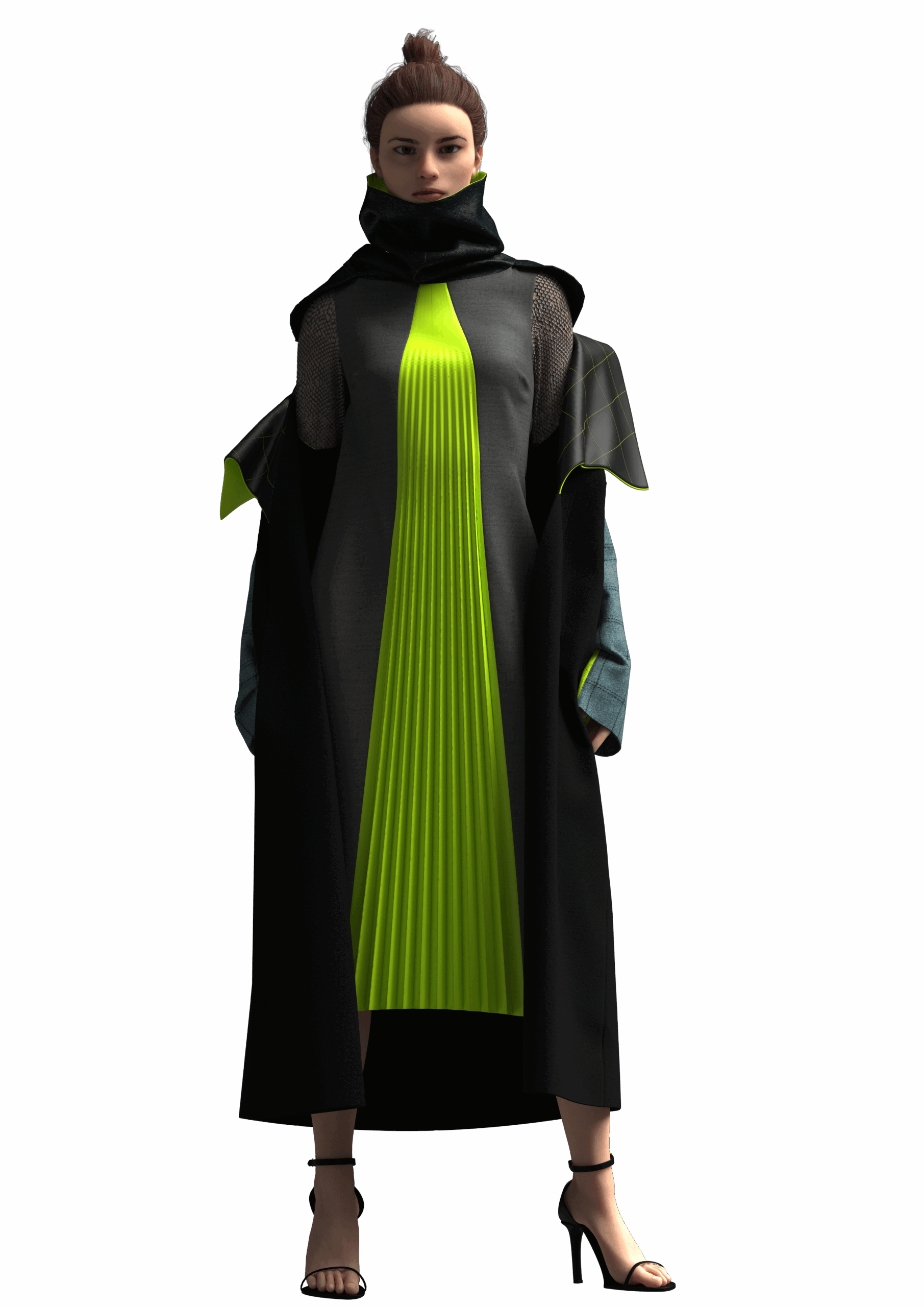 Avatar wearing a grey wool dress with neon green pleated leather insert and a black wool jacket draped off-shoulder, finished with an oversized quilted collar and neon green stitching