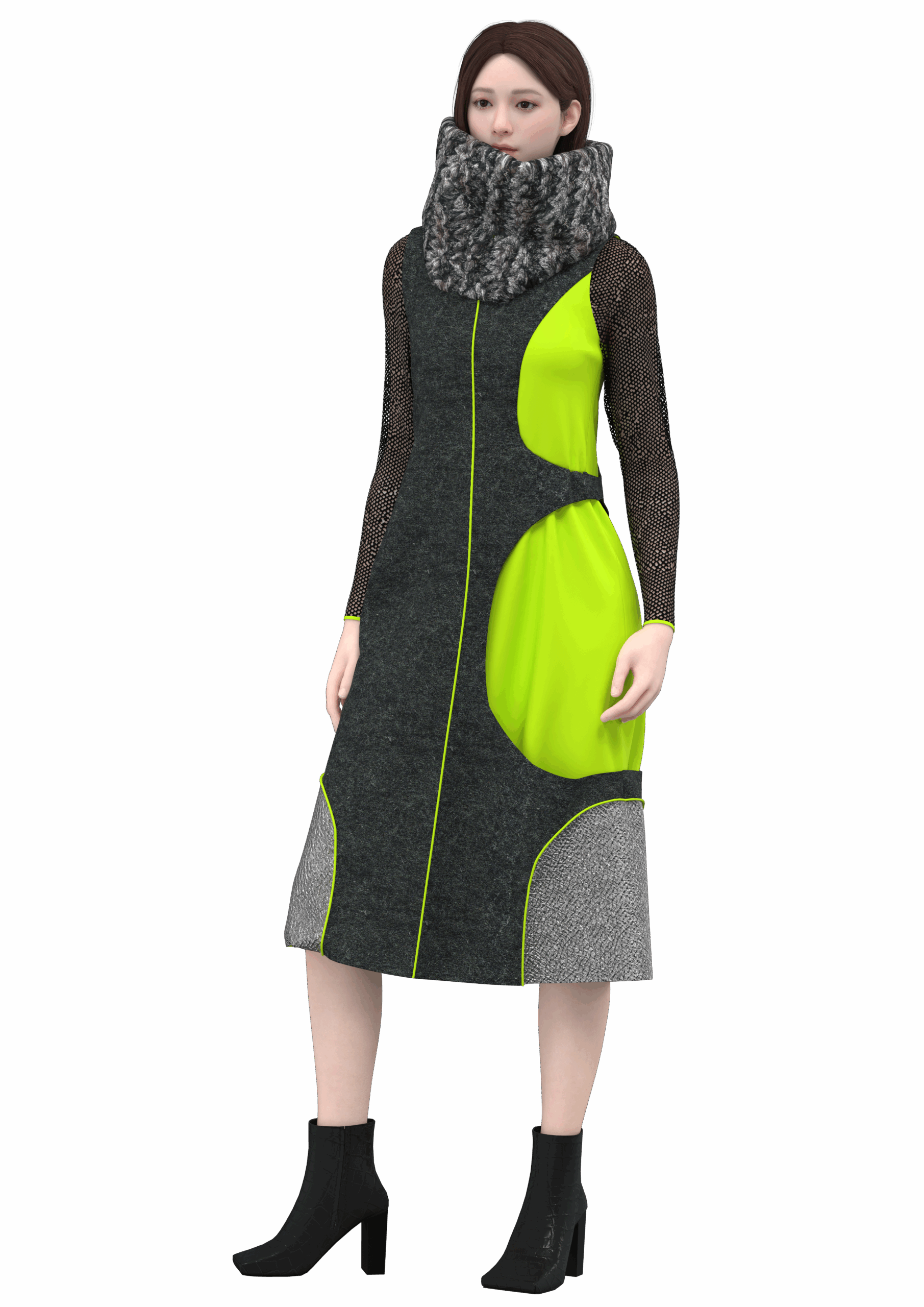 Digital render of an avatar wearing a grey wool dress with side cut-out and neon green lining, layered over a mesh fishnet top and styled with a metallic knit snood