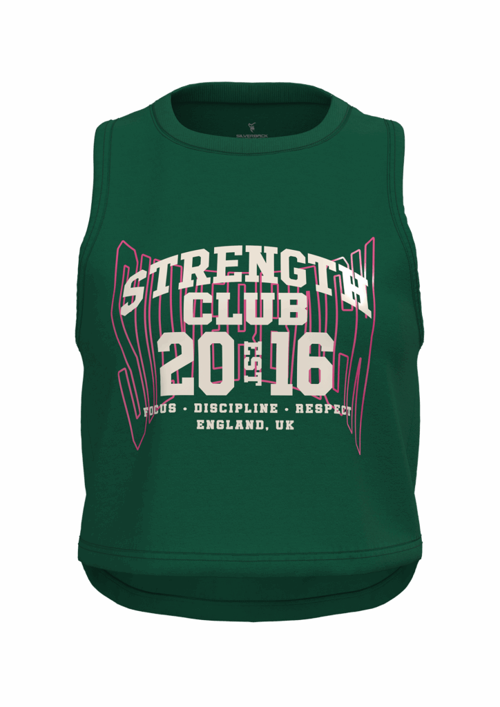 Front view 3D render of a sleeveless slogan tee in CLO3D, designed for Silverback Gymwear’s women’s range