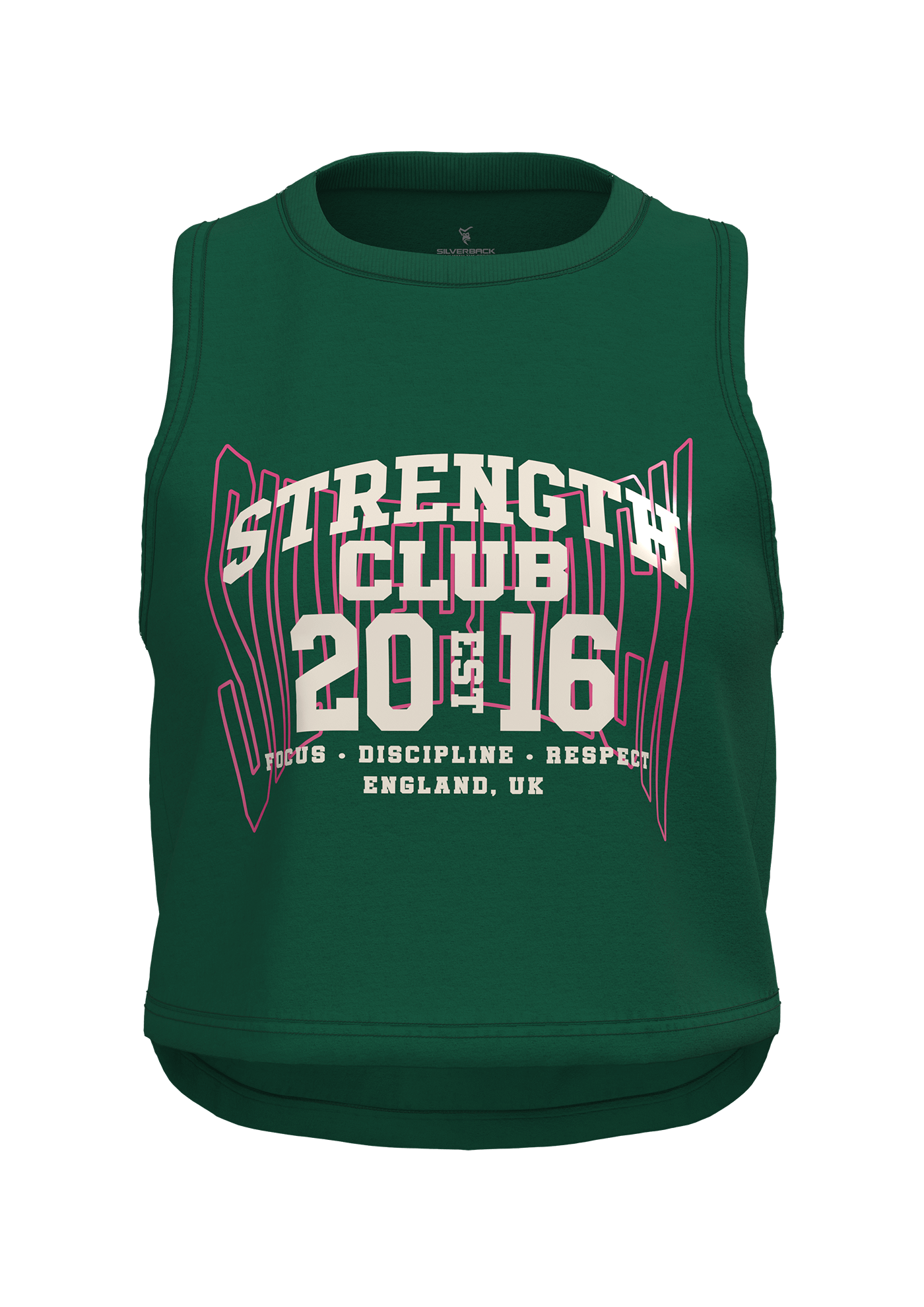 Front view 3D render of a sleeveless slogan tee in CLO3D, designed for Silverback Gymwear’s women’s range