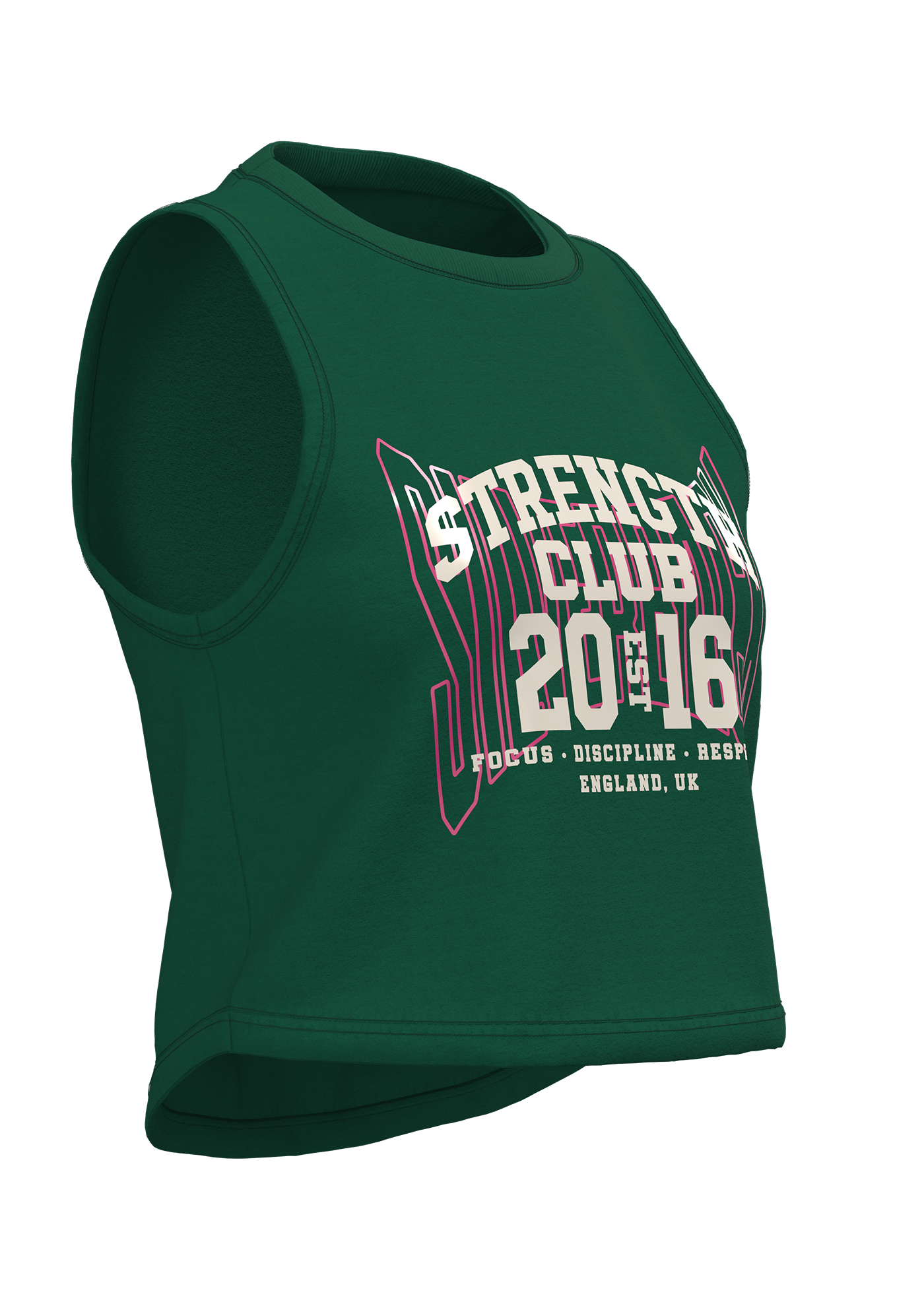 3/4 CLO3D view of a sleeveless slogan t-shirt designed for Silverback Gymwear, created for digital marketing and e-commerce