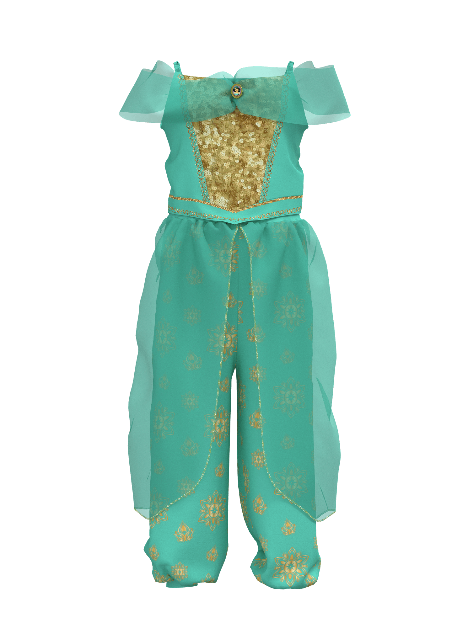 CLO3D visual of a Jasmine-style costume top and trousers created for Smiffys, replicating iconic design elements in 3D