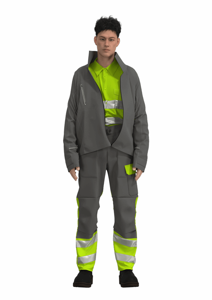 CLO3D render of a men’s high-visibility workwear outfit developed for Skanwear, combining function, fit and safety features
