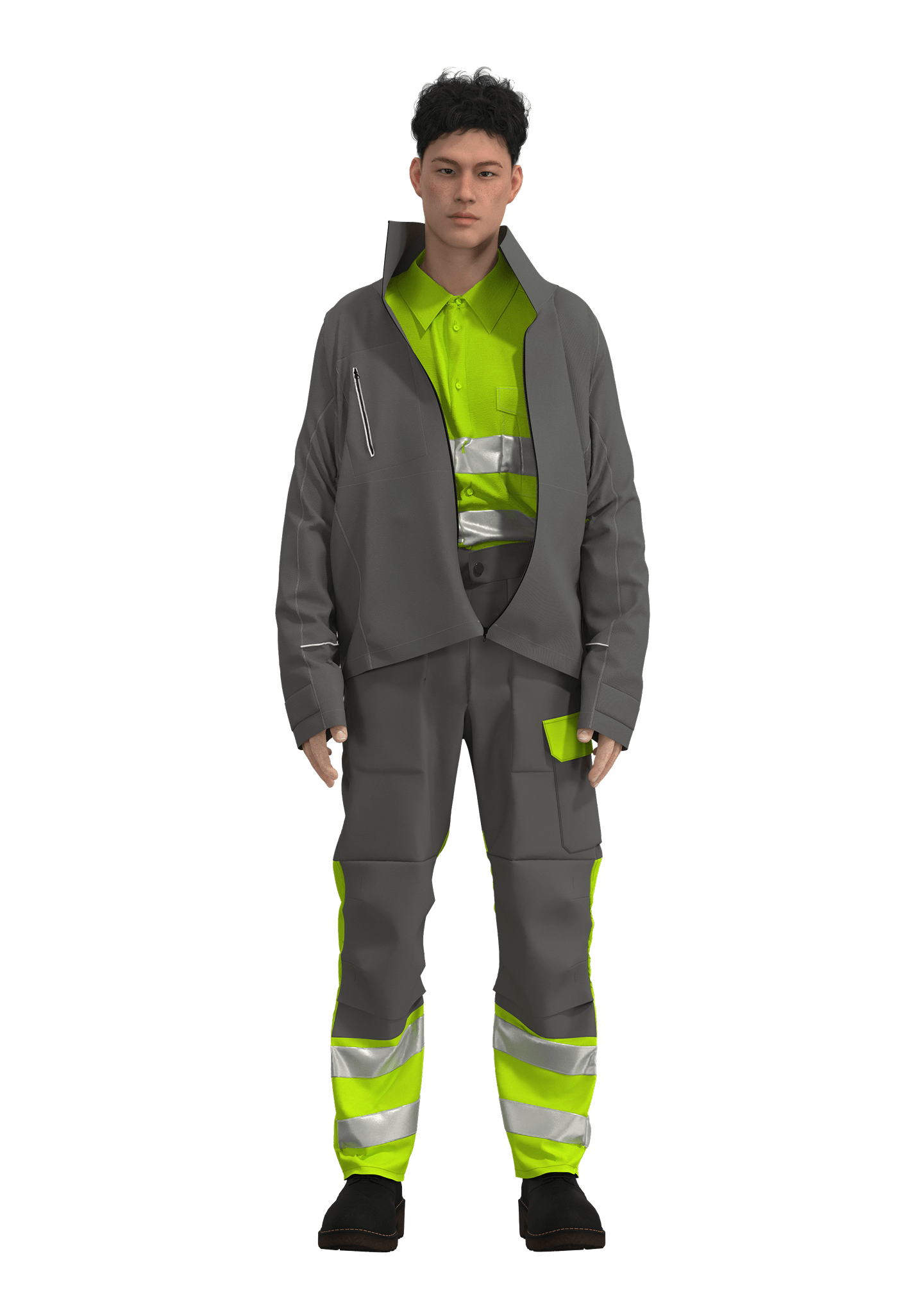 CLO3D render of a men’s high-visibility workwear outfit developed for Skanwear, combining function, fit and safety features