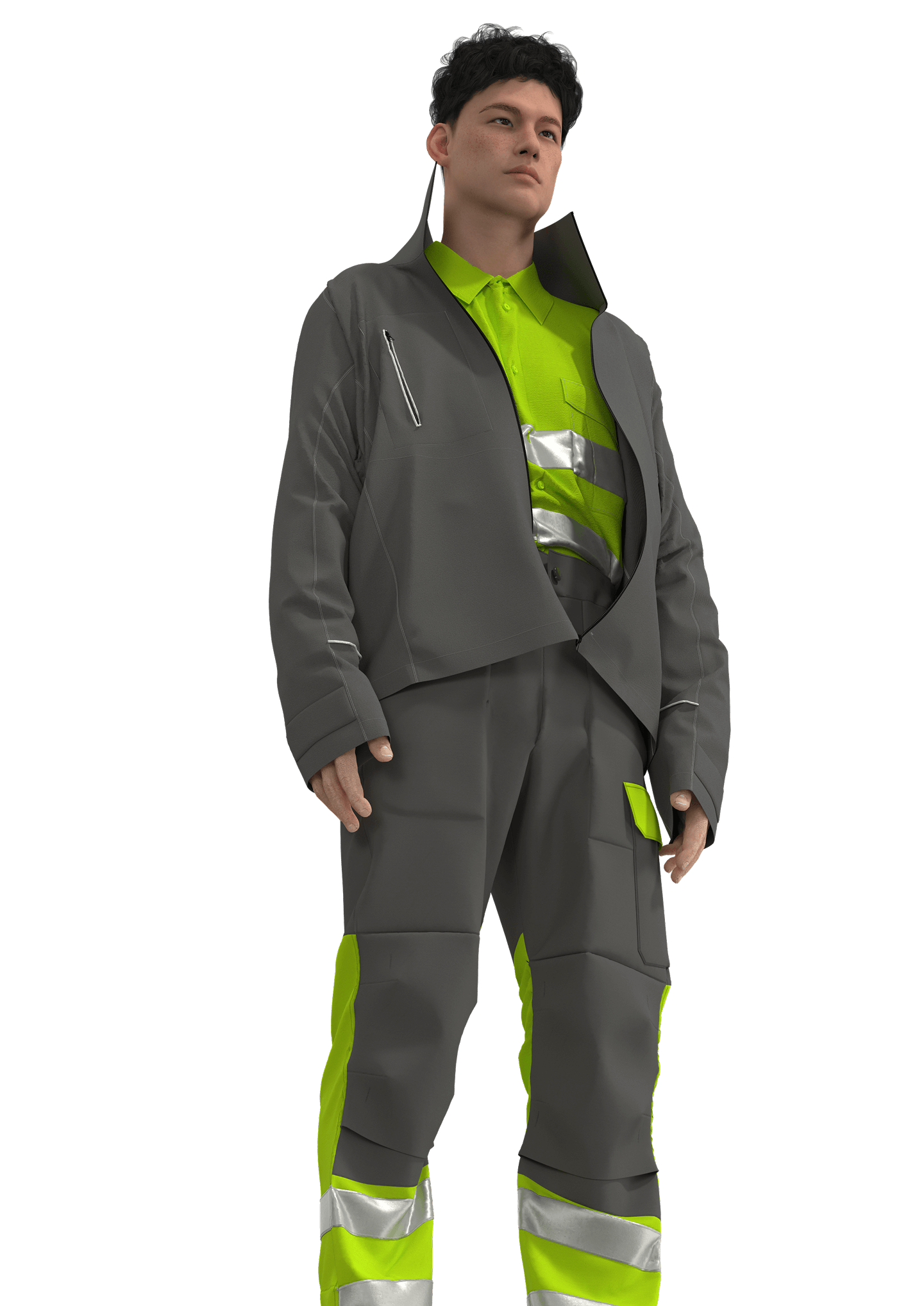 3D render of a high-visibility menswear outfit in CLO3D, created as a workwear concept inspired by Skanwear's focus on fit and function