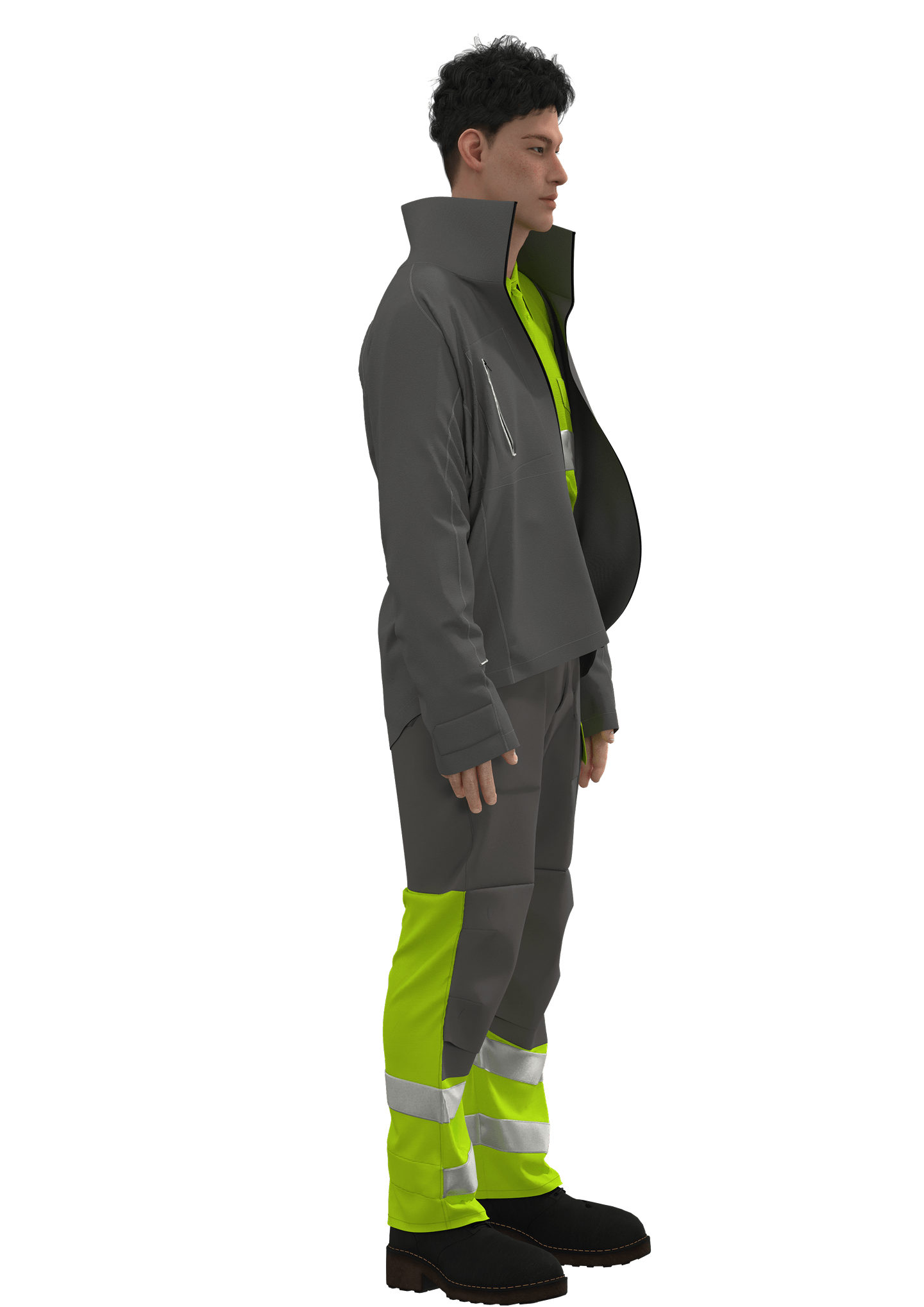 Side view CLO3D render of a high-visibility men’s workwear set, showcasing silhouette and design lines for Skanwear