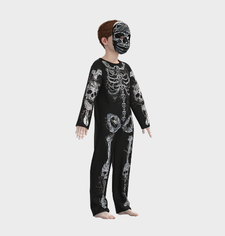Photorealistic 3D render of a skeleton costume developed for Smiffys, demonstrating virtual costume visualisation in CLO3D