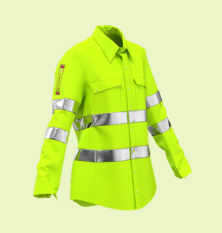 CLO3D render of a fluorescent yellow women’s hi-vis work shirt with silver reflective bands, inspired by workwear designs for Skanwear