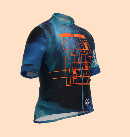 3/4 view CLO3D render of a cycling jersey designed for Purlieu and De Ronde with vibrant watercolour and geometric artwork placement