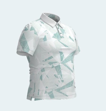 Blue, white and light green geometric print golf polo designed in CLO3D for RediGolf, shown in a realistic 3D visual