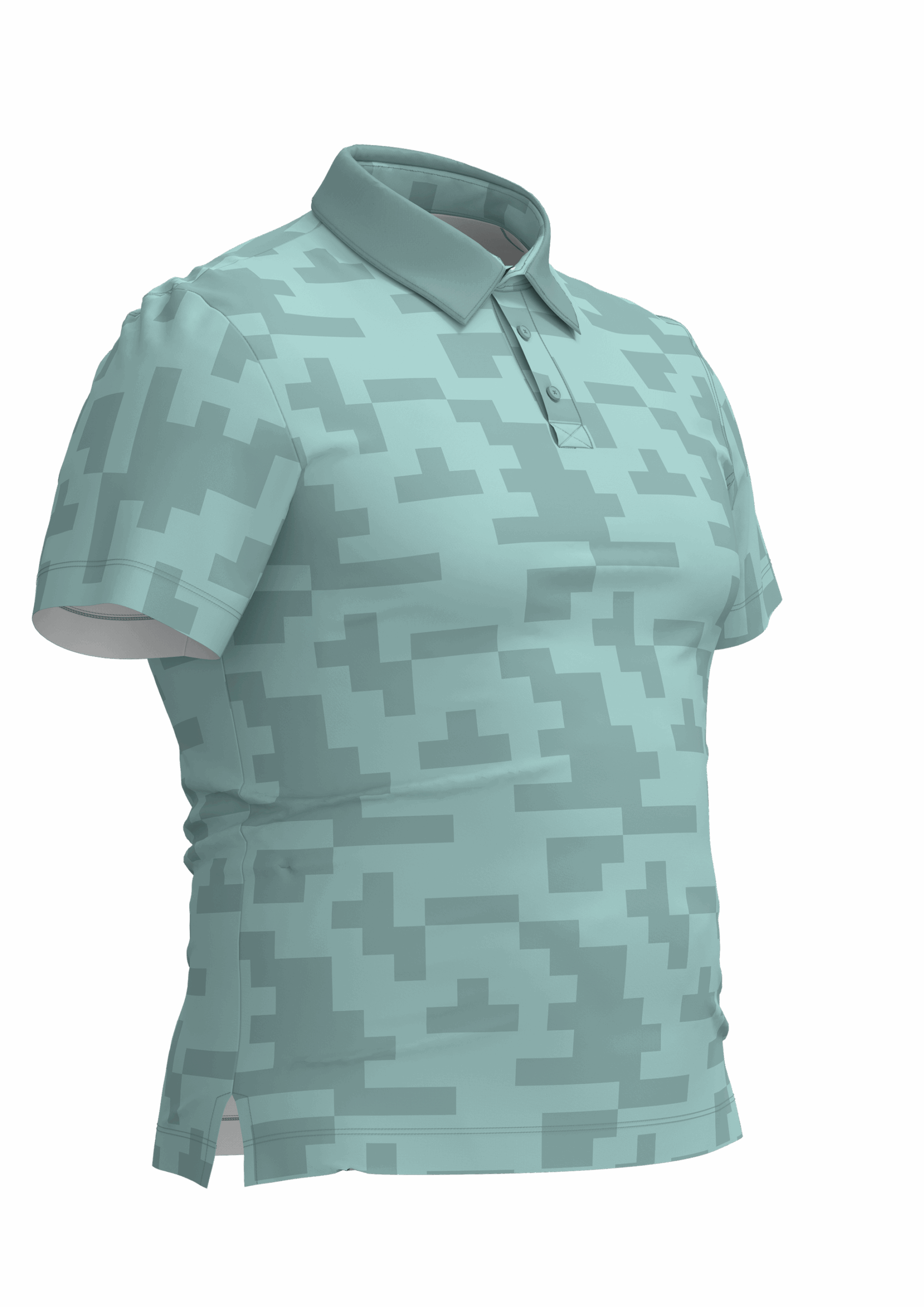 CLO3D render of a RediGolf polo shirt featuring a light blue and green geometric block print, created for range development