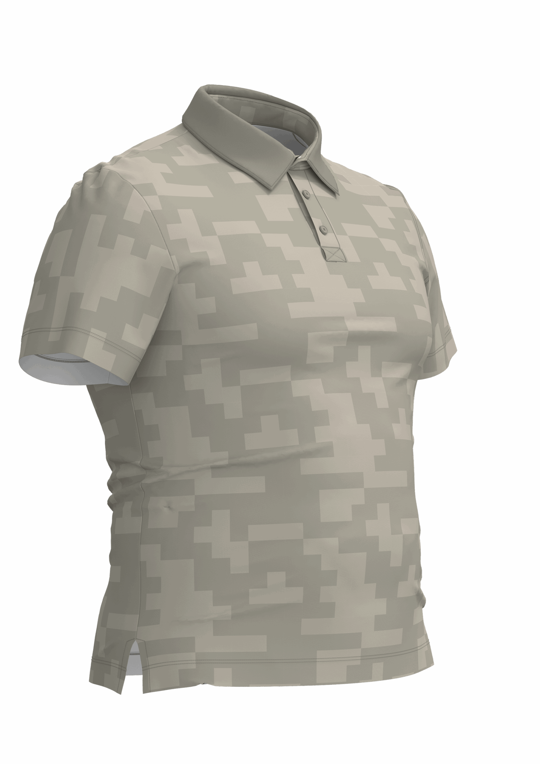 CLO3D visual of a beige golf polo shirt designed for RediGolf, highlighting blocky geometric print placement in 3D