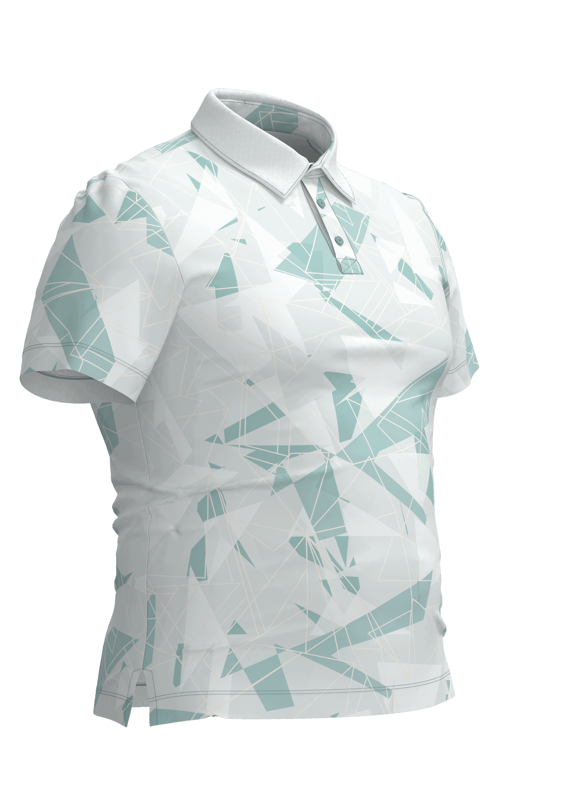 Blue, white and light green geometric print golf polo designed in CLO3D for RediGolf, shown in a realistic 3D visual