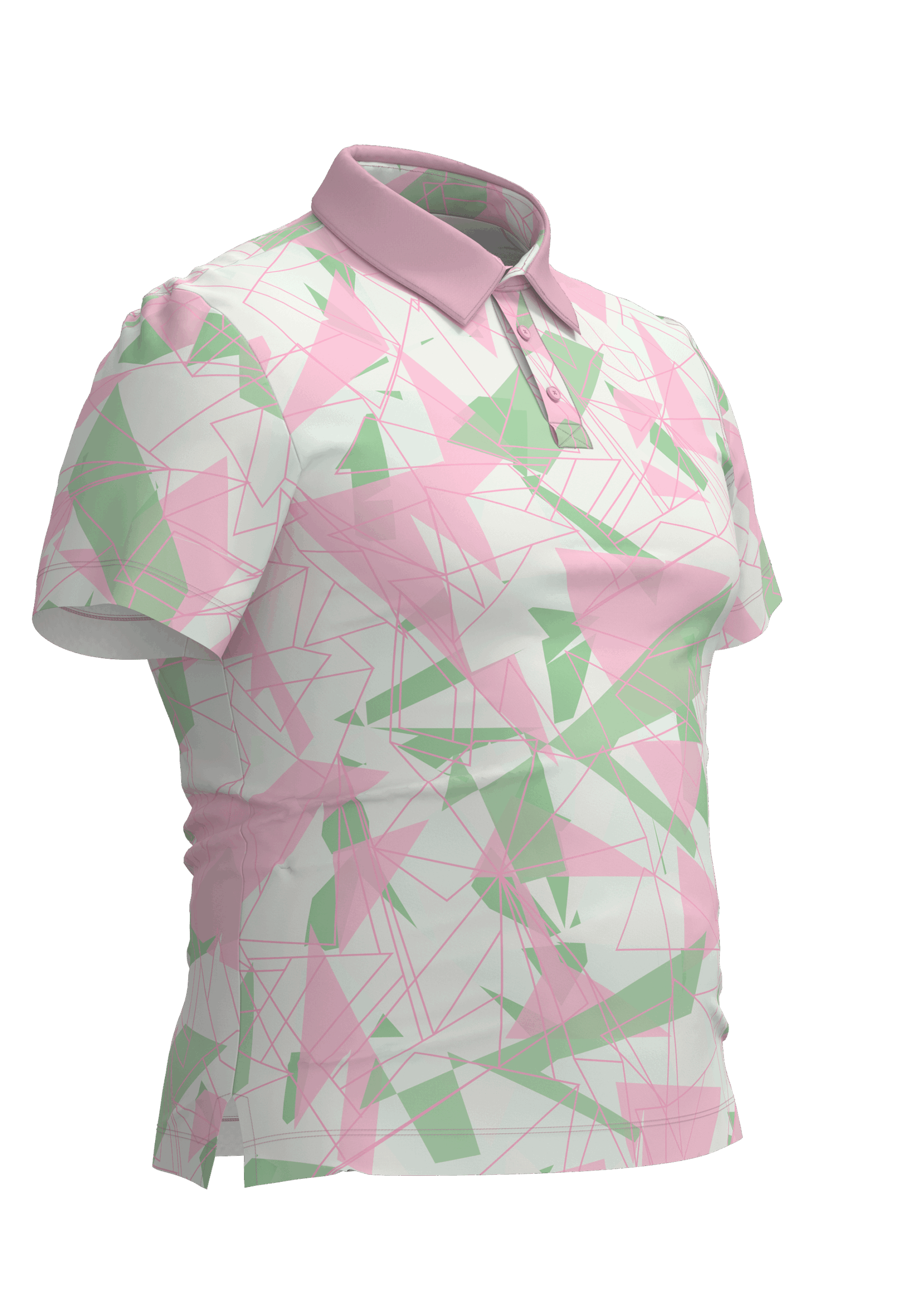 3D render of a RediGolf polo in pink, white and green geometric blocks, developed in CLO3D for digital product testing