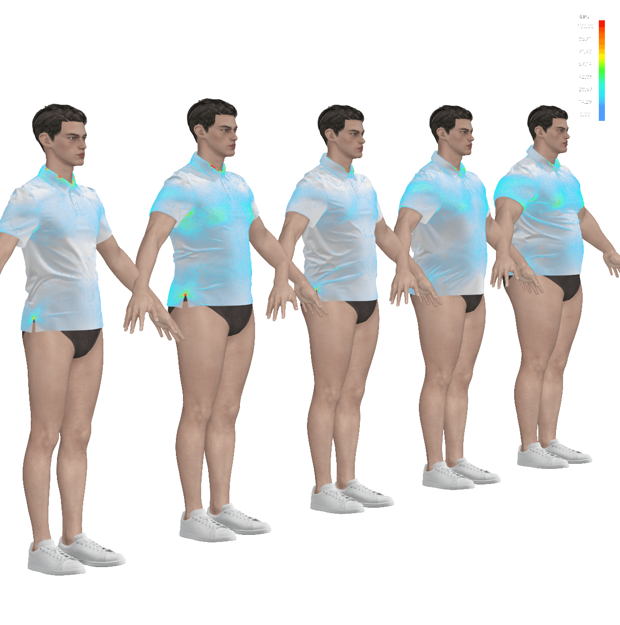 CLO3D render showing RediGolf polo shirt on avatars across multiple sizes with fit maps enabled to evaluate graded fit accuracy