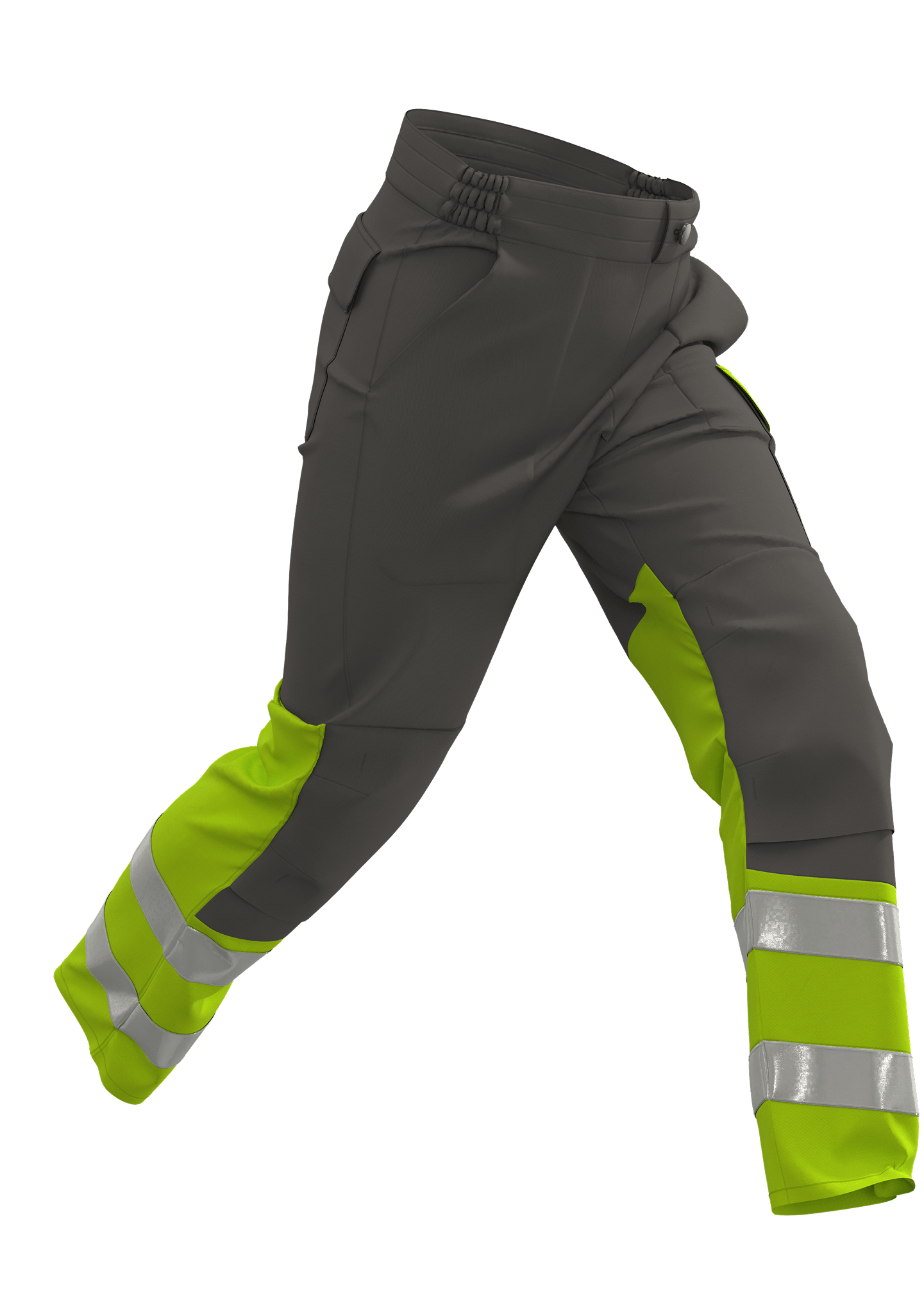 CLO3D render of men’s hi-vis workwear trousers shown in a dynamic running pose, created for Skanwear to assess movement and fit